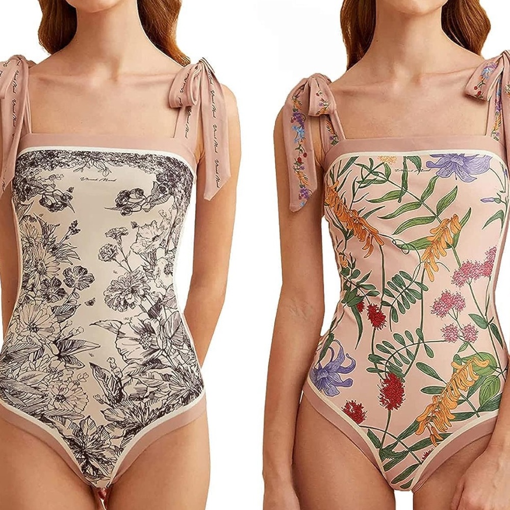 Floral One Piece Swimsuit, Reversible Tie Shoulder Square Neck One Piece